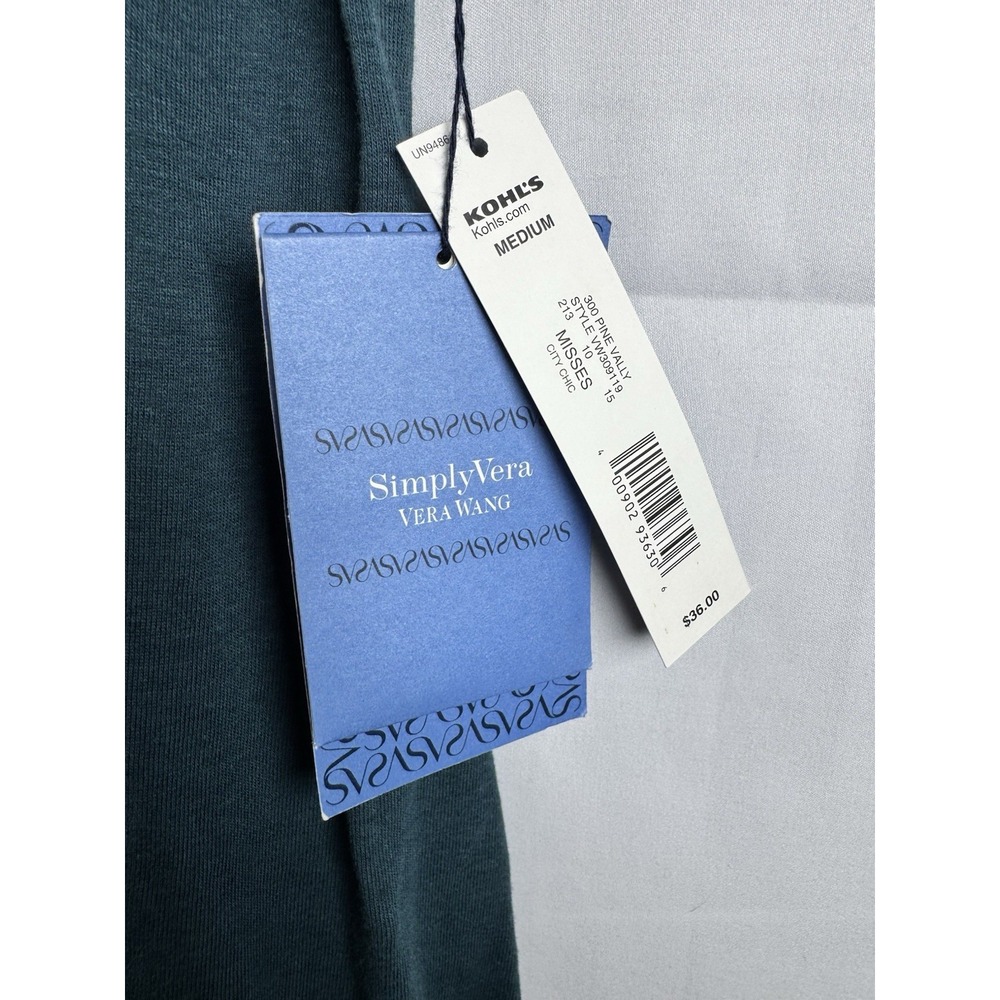Simply Vera Wang Dark Teal Henley Sheer Hem Short Sleeve W/Bow‎ Size Medium NWT - Picture 3 of 6